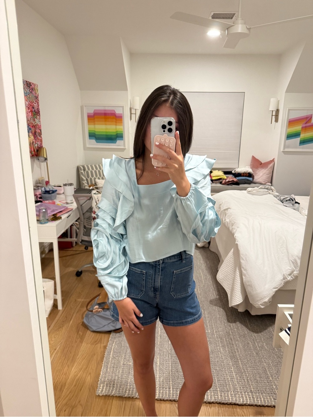 Light Blue Ruffle-Sleeve Satin Blouse